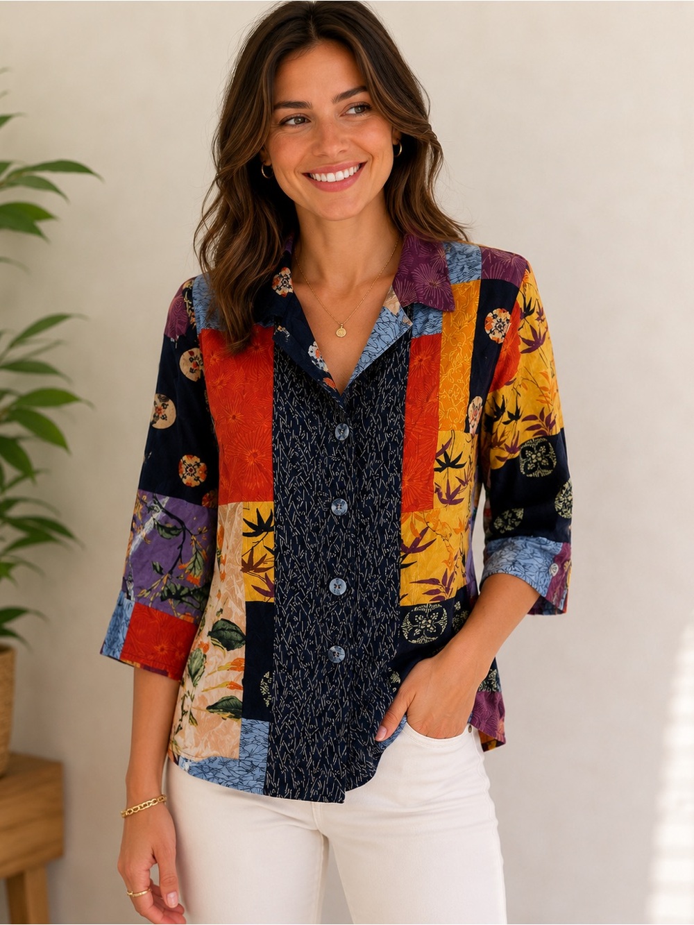 Vintage City Blues by Koret Patchwork Button Down Collared Shirt Blouse sz PS